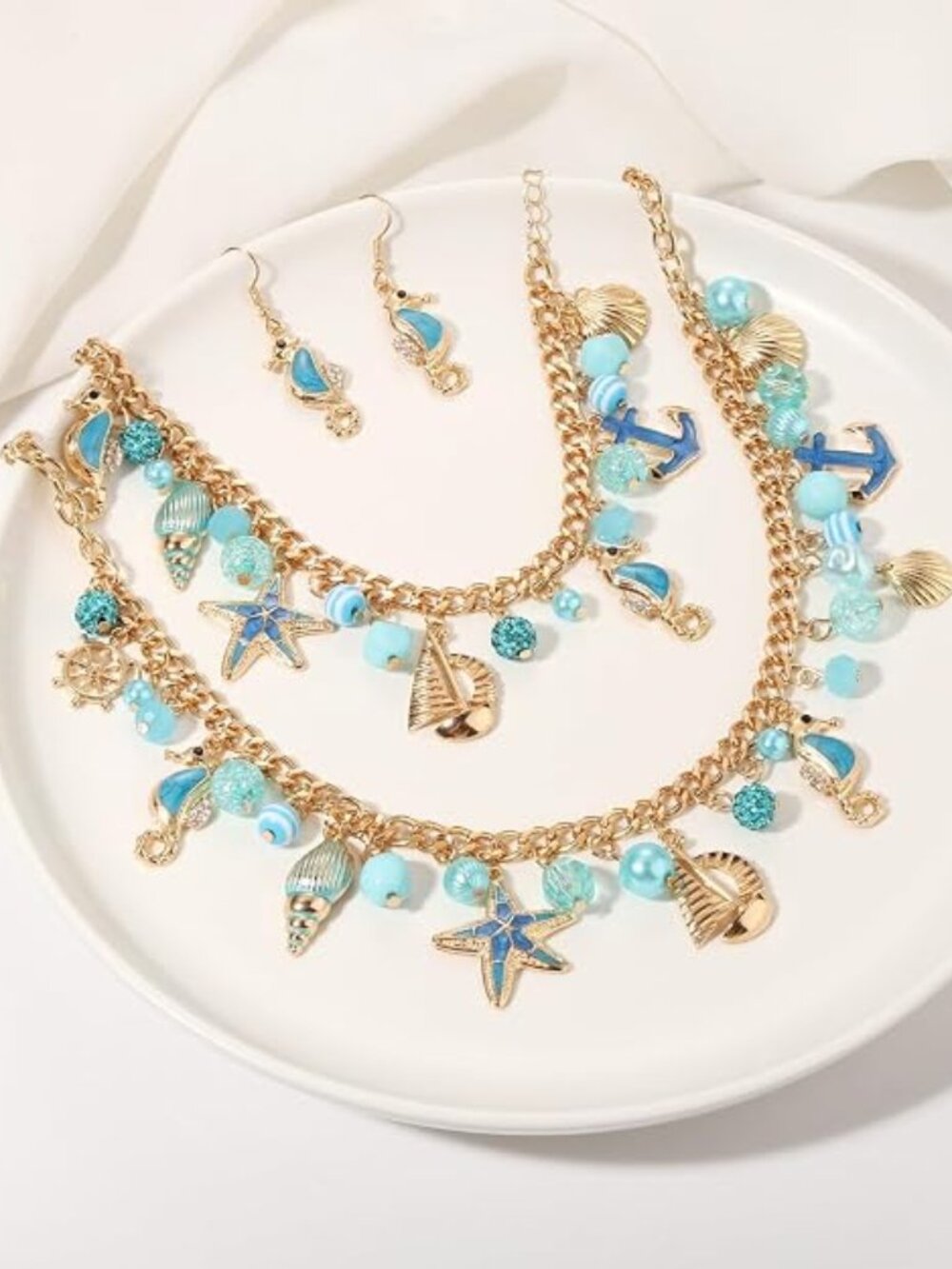 Seahorse Sea Shell starfish necklace bracelet earring set NWT
